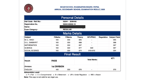 Bihar Board Marksheet 2021 Bihar Board Result Marksheet