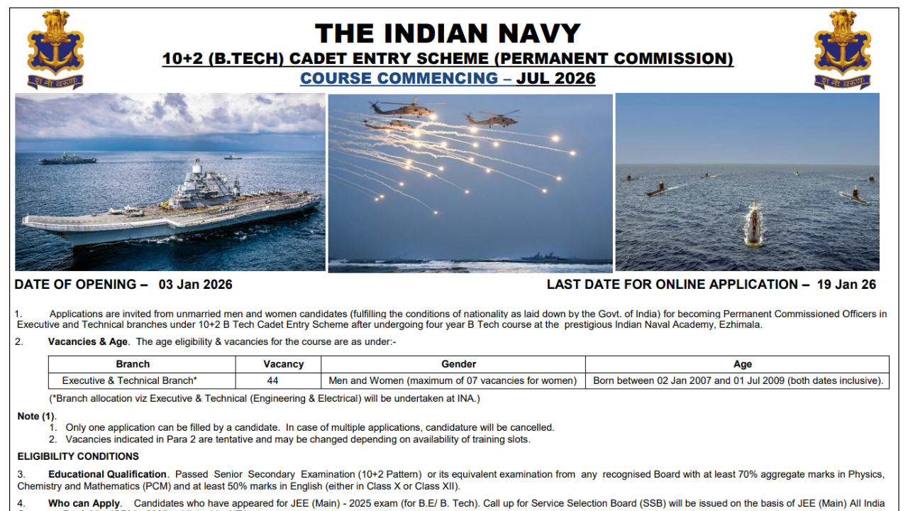 Indian Navy 10+2 B.Tech Entry Recruitment 2026